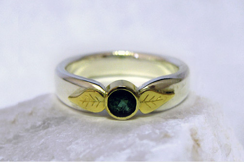 Photo: Custom ring - Sterling Silver, 14K Gold Leaves & Emerald